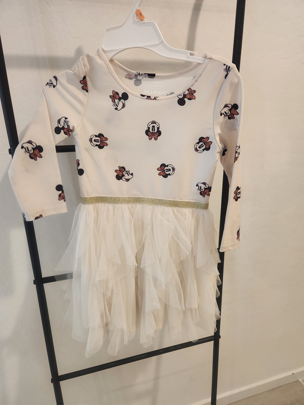 Girls Cream Minnie Mouse Tulle Dress with Gold Waistband